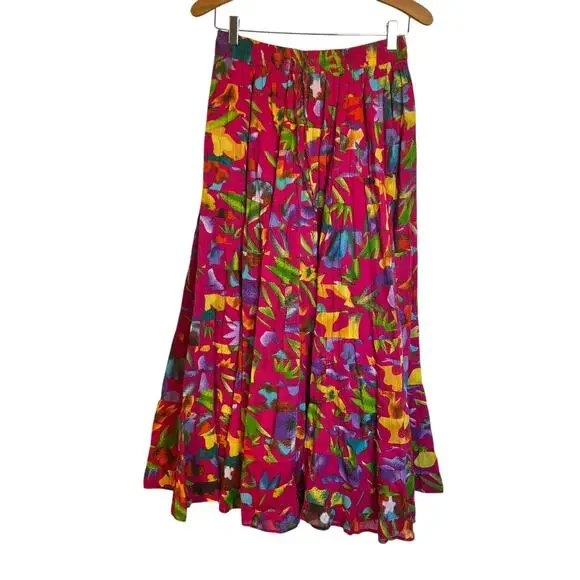 Silver Stream Vintage Tiered Floral Maxi Skirt Tropical Print Maximalist Pink OS - Picture 1 of 10